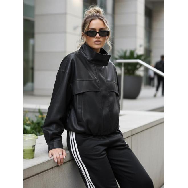 Fekete bőrdzseki magas gallérral TY5651